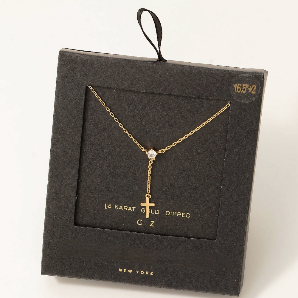 14K Gold Dipped Pendant Cross Necklace Chain Tiny Y Drop Dangle CZ Crystal